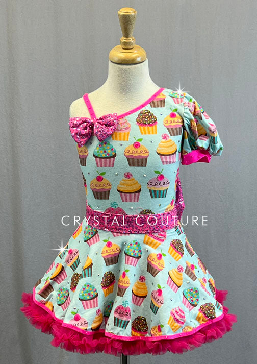Custom Asymmetrical Puff Sleeve Cupcake Dress with Crinoline and Back Bow - Rhinestones