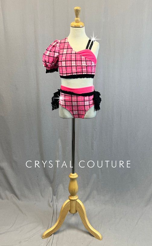 Custom Pink & Black Asymmetrical Top and Trunks with Lace Back Bustle - Rhinestones