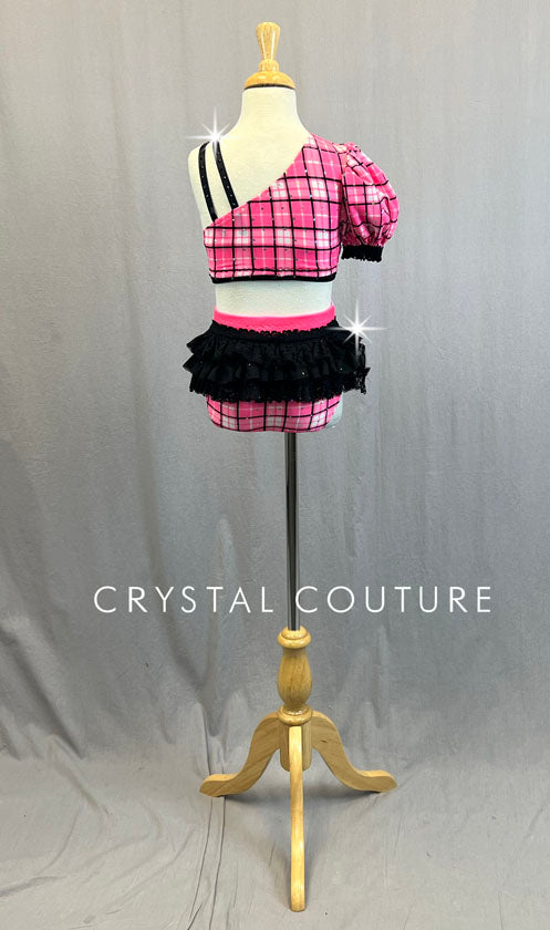 Custom Pink & Black Asymmetrical Top and Trunks with Lace Back Bustle - Rhinestones