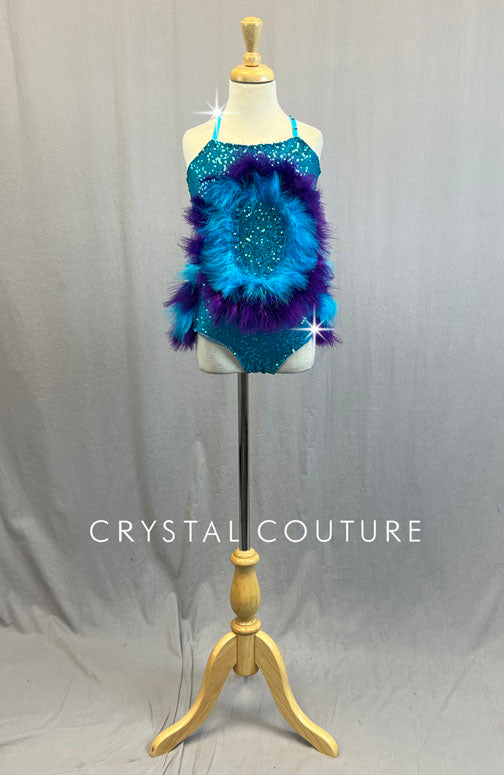 Custom "Sully" Inspired Zsa Zsa Leotard with Purple & Blue Feathers - Rhinestones