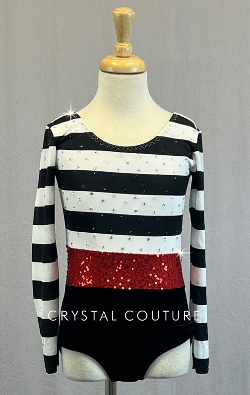 Custom Black & White Striped Long Sleeve Leotard with Red Zsa Zsa Waistband - Rhinestones
