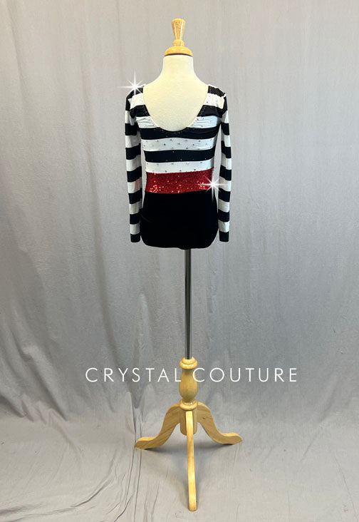 Custom Black & White Striped Long Sleeve Leotard with Red Zsa Zsa Waistband - Rhinestones