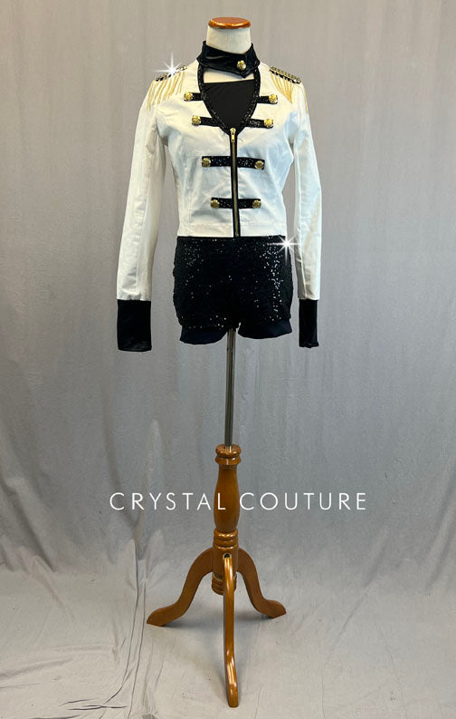 White Denim Jacket with Epaulettes and Black Zsa Zsa Booty Shorts - Rhinestones