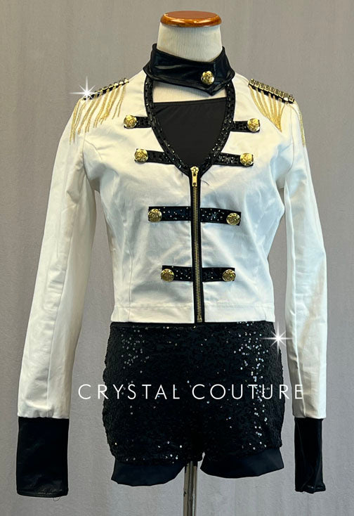 White Denim Jacket with Epaulettes and Black Zsa Zsa Booty Shorts - Rhinestones