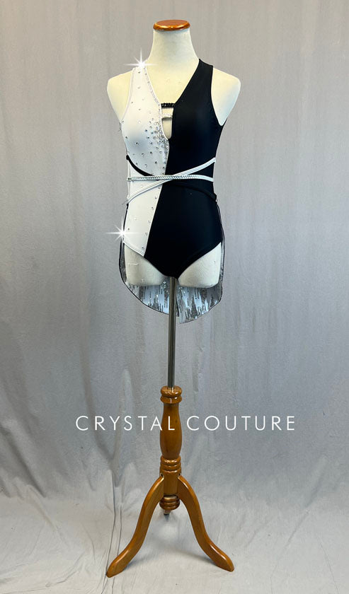 Black & White Leotard with Silver Pinstripe Coattail Skirt - Rhinestones