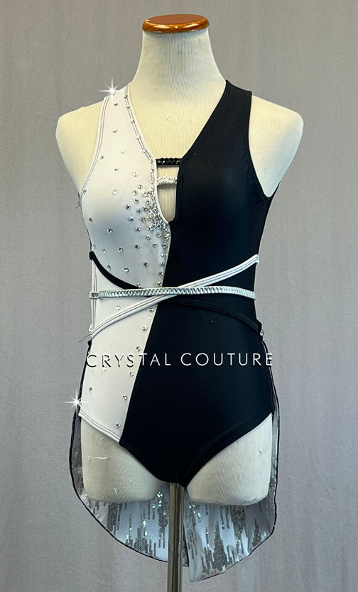 Black & White Leotard with Silver Pinstripe Coattail Skirt - Rhinestones
