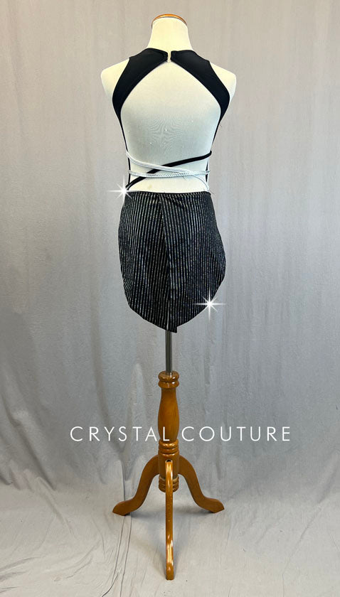 Black & White Leotard with Silver Pinstripe Coattail Skirt - Rhinestones