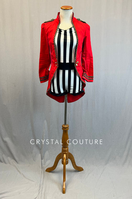 Red Ringmaster Coat with Black & White Biketard - Rhinestones