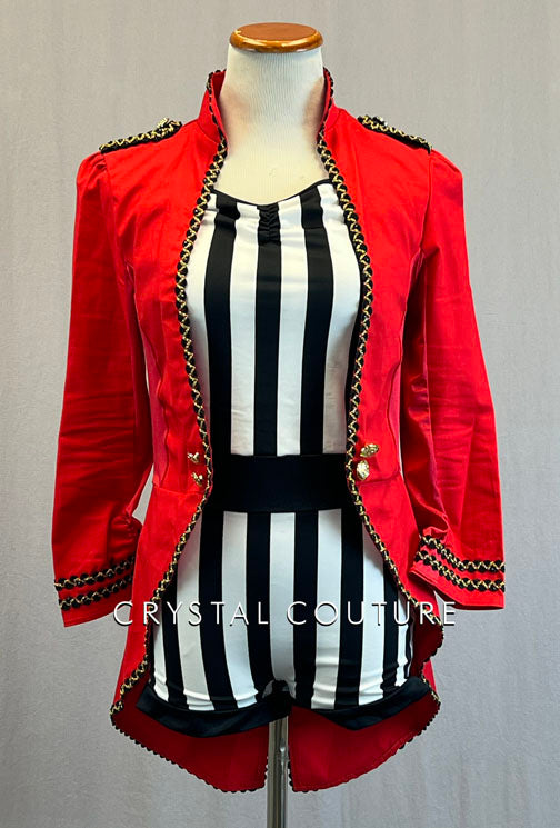 Red Ringmaster Coat with Black & White Biketard - Rhinestones