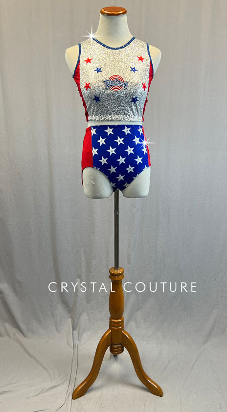 Custom Silver Zsa Zsa "Tune Squad" Top with Blue & White Star Trunks - Rhinestones