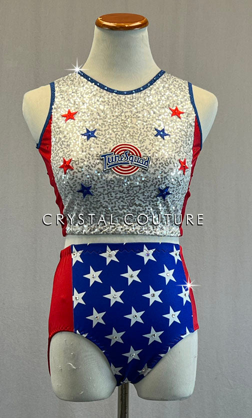 Custom Silver Zsa Zsa "Tune Squad" Top with Blue & White Star Trunks - Rhinestones