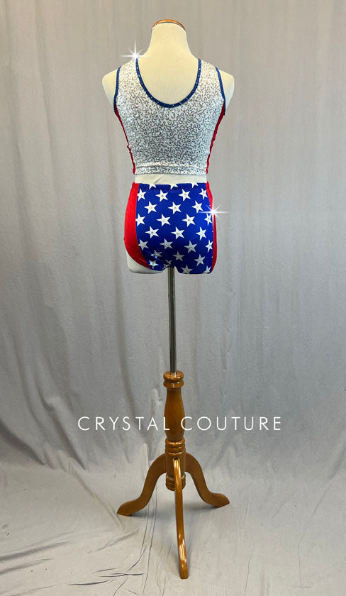 Custom Silver Zsa Zsa "Tune Squad" Top with Blue & White Star Trunks - Rhinestones