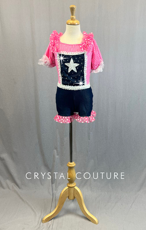 Pink & White Gingham Puff Sleeve Leotard with Ruffled Denim Jumper - Rhinestones