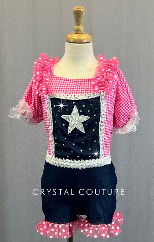 Pink & White Gingham Puff Sleeve Leotard with Ruffled Denim Jumper - Rhinestones