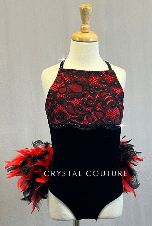 Custom Black & Red Velvet Leotard with Lace Top and Feather Bustle - Rhinestones