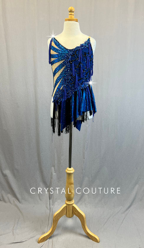 Custom Dark Blue Cutout Leotard with Fringe and Asymmetrical Skirt - Rhinestones