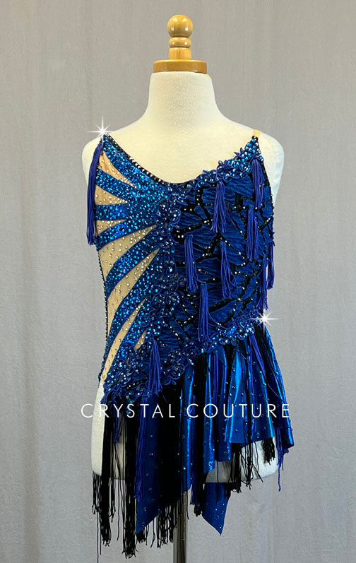 Custom Dark Blue Cutout Leotard with Fringe and Asymmetrical Skirt - Rhinestones