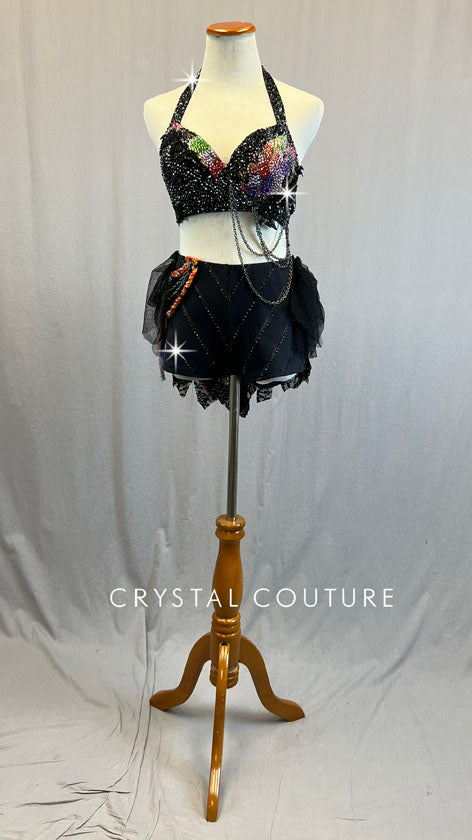 Custom Black & Multicolor Halter Bra Top with Handkerchief Back Skirt on Shorts - Rhinestones