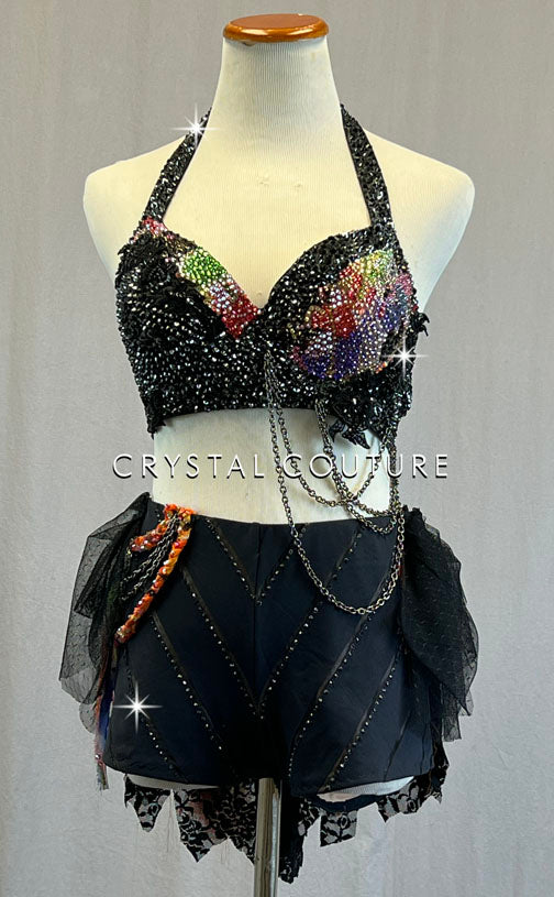 Custom Black & Multicolor Halter Bra Top with Handkerchief Back Skirt on Shorts - Rhinestones