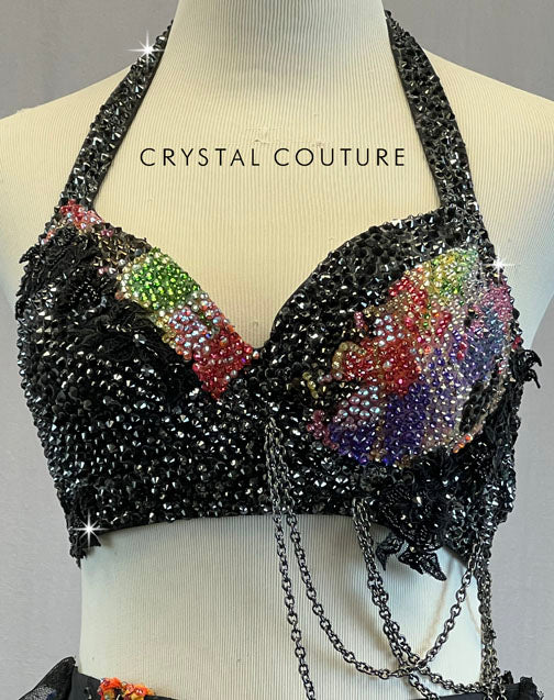 Custom Black & Multicolor Halter Bra Top with Handkerchief Back Skirt on Shorts - Rhinestones