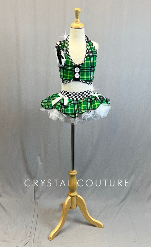 Custom Green & Black Plaid Halter Top with Short Skirt and White Crinoline - Rhinestones