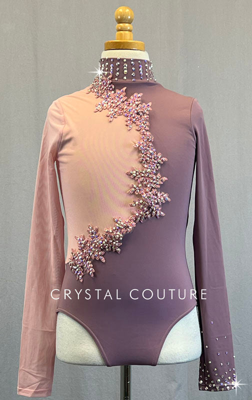 *Brand New* Mauve & Light Pink Asymmetrical Split Front Leotard with Appliques - Rhinestones