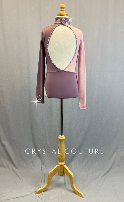 *Brand New* Mauve & Light Pink Asymmetrical Split Front Leotard with Appliques - Rhinestones