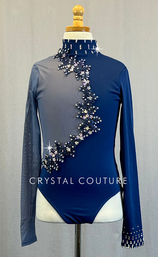 *Brand New* Navy & Slate Blue Asymmetrical Split Front Leotard with Appliques - Rhinestones