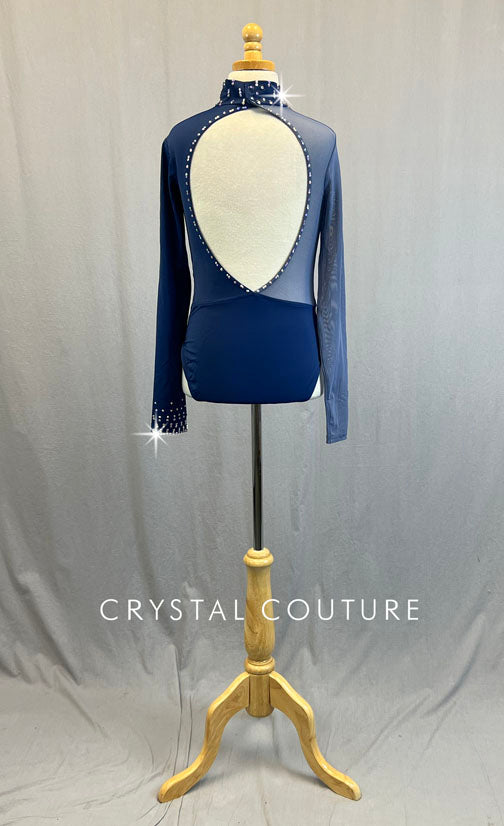 *Brand New* Navy & Slate Blue Asymmetrical Split Front Leotard with Appliques - Rhinestones