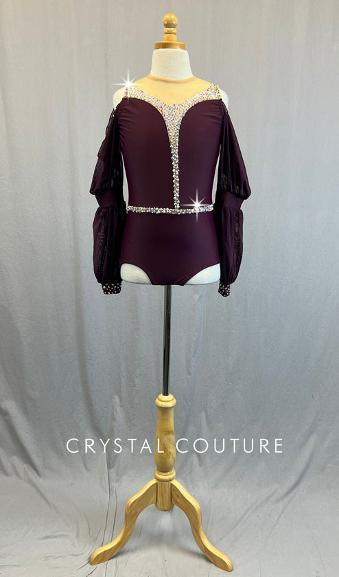 Dark Wine Peasant Sleeve Leotard with Nude Mesh Inserts - Rhinestones
