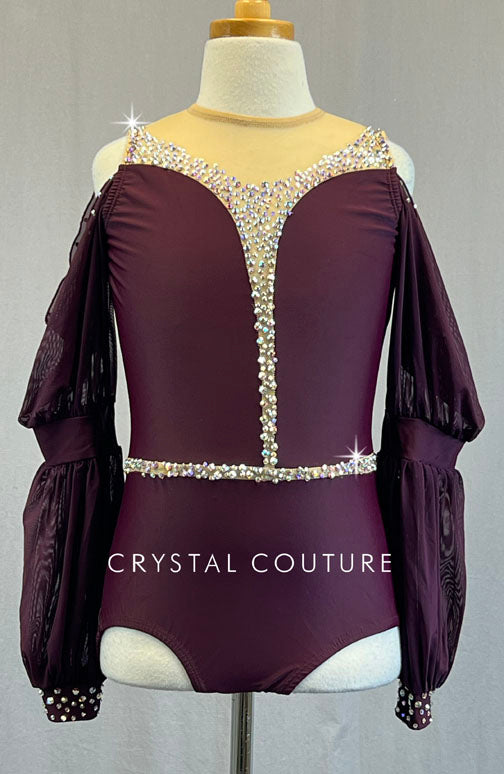 Dark Wine Peasant Sleeve Leotard with Nude Mesh Inserts - Rhinestones