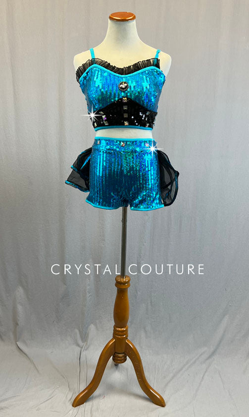 Bright Blue Sequin Two Piece with Black Ruffled Back Bustle Crystal Couture Bright Blue Sequin Two Piece with Black Ruffled Back Bustle Crystal Couture