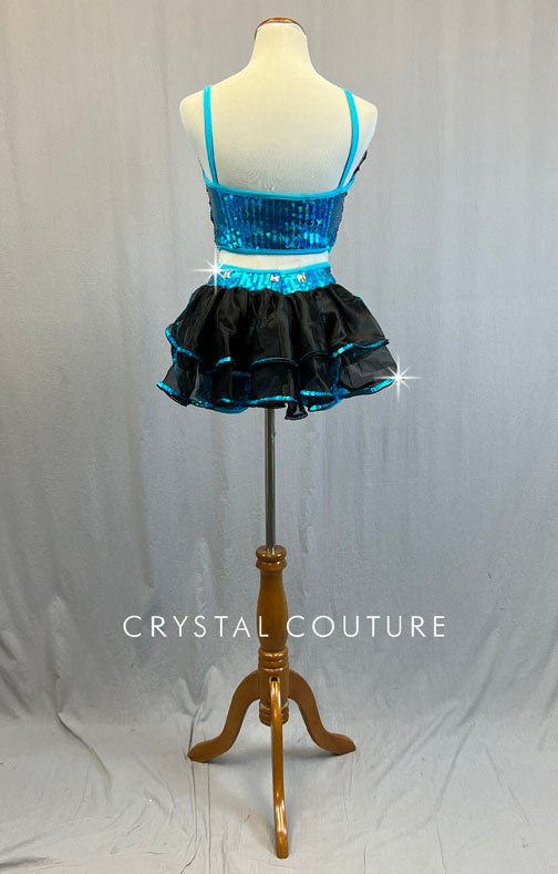 Bright Blue Sequin Two Piece with Black Ruffled Back Bustle