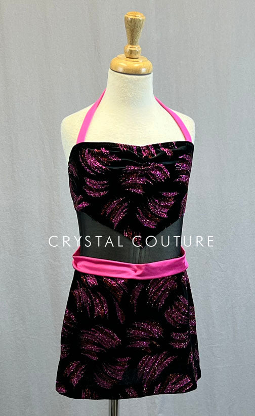 Black Velvet Mini Dress with Pink Glitter Print