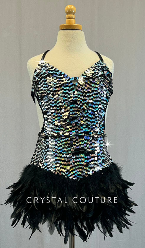 Black & Silver Sequin Dress with Lace Up Back and Feather Skirt