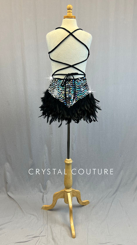 Black & Silver Sequin Dress with Lace Up Back and Feather Skirt