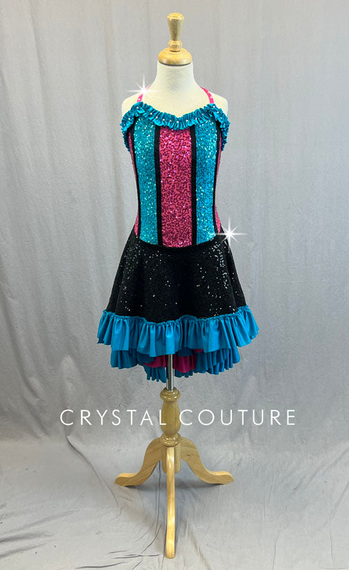 Custom Black, Pink & Blue Can Can Dress with Layered Ruffles - Rhinestones