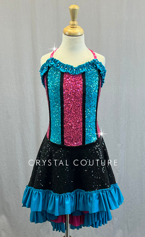 Custom Black, Pink & Blue Can Can Dress with Layered Ruffles - Rhinestones