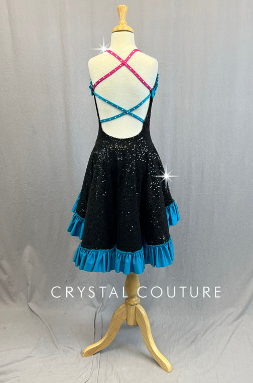 Custom Black, Pink & Blue Can Can Dress with Layered Ruffles - Rhinestones