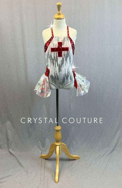Custom Red, White, & Silver Nurse Leotard with Polka Dot Tulle Back Skirt - Rhinestones