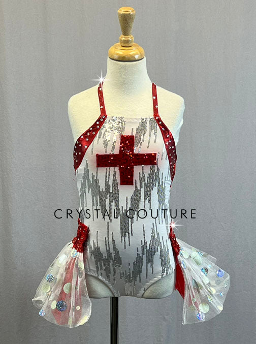 Custom Red, White, & Silver Nurse Leotard with Polka Dot Tulle Back Skirt - Rhinestones