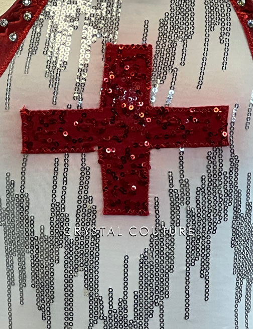 Custom Red, White, & Silver Nurse Leotard with Polka Dot Tulle Back Skirt - Rhinestones