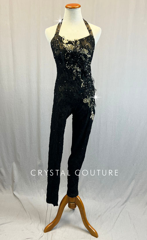 Custom Black Lace Jumpsuit with Appliques - Rhinestones