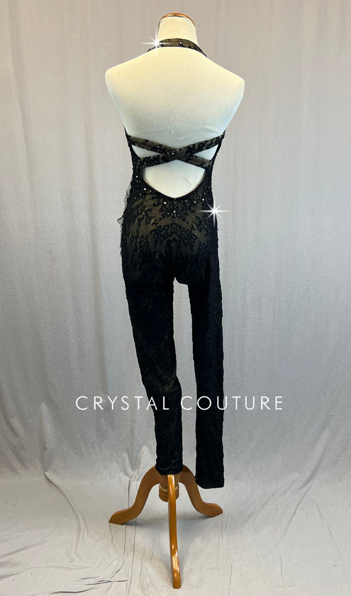 Custom Black Lace Jumpsuit with Appliques - Rhinestones
