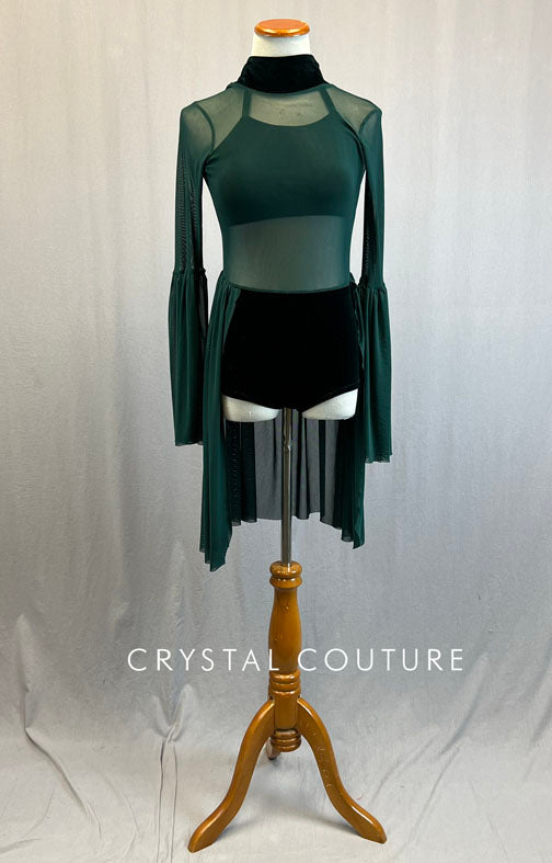 Custom Emerald Green Mock Neck Leotard with Flare Sleeves and Back Skirt - Rhinestones