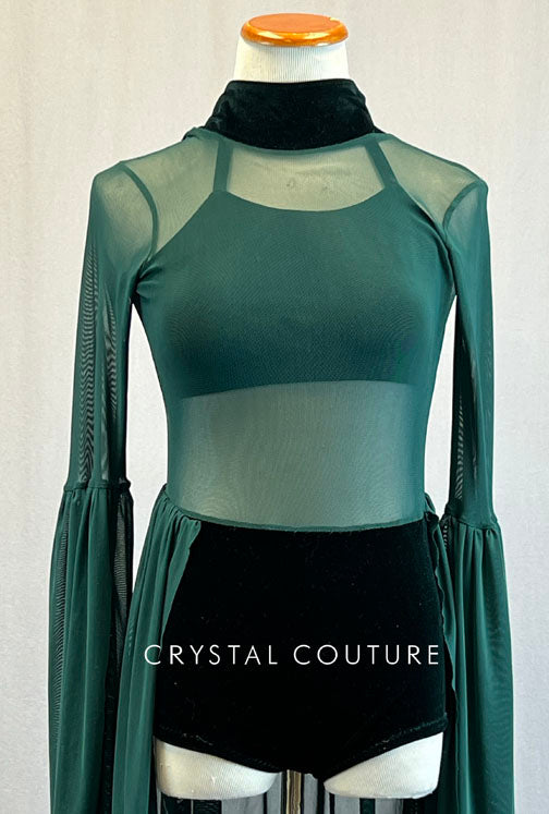 Custom Emerald Green Mock Neck Leotard with Flare Sleeves and Back Skirt - Rhinestones