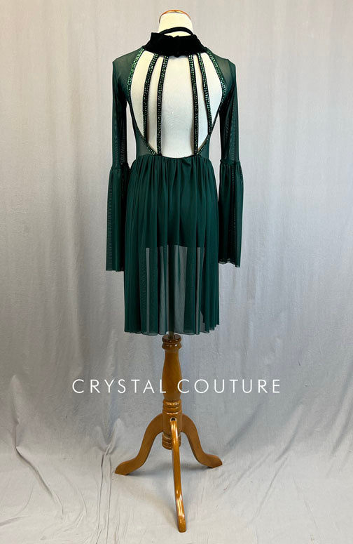 Custom Emerald Green Mock Neck Leotard with Flare Sleeves and Back Skirt - Rhinestones