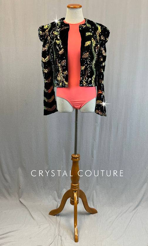 Custom Peach Tank Leotard with Black and Iridescent Sequined Blazer