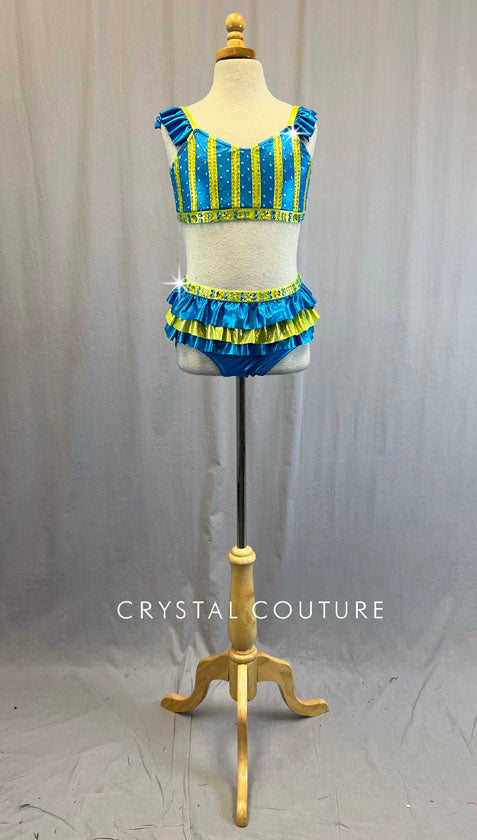 Aqua & Lime Green Striped Two Piece with Ruffled Skirt - Rhinestones