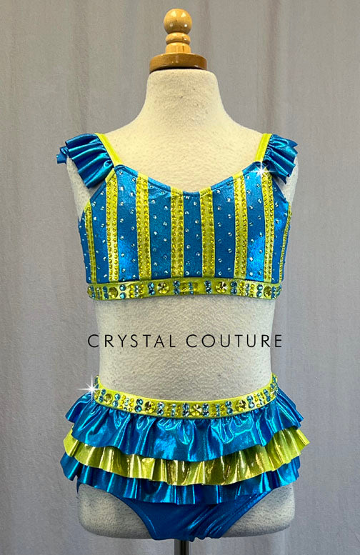 Aqua & Lime Green Striped Two Piece with Ruffled Skirt - Rhinestones